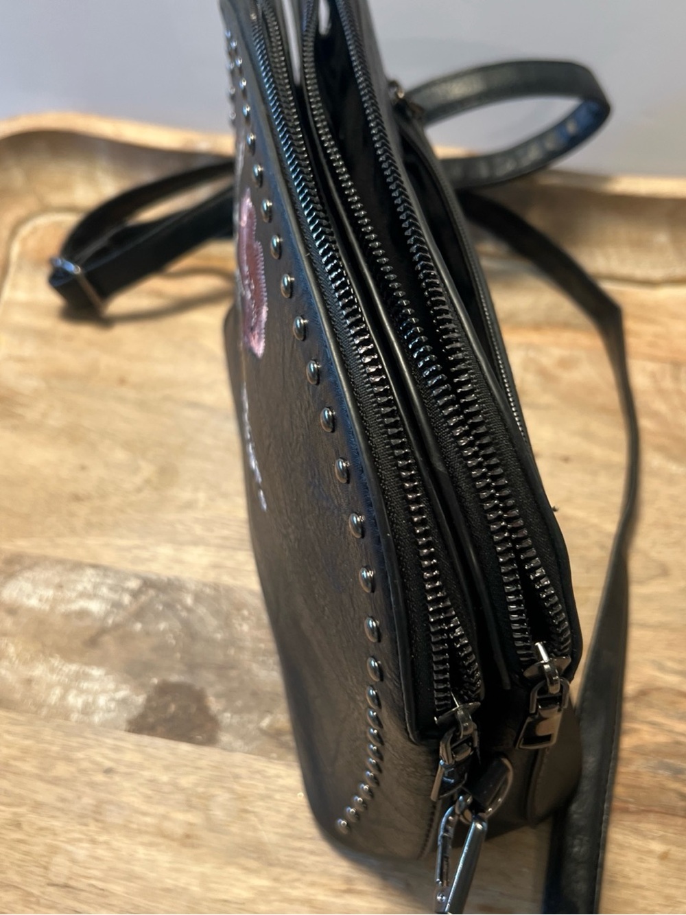 Black Floral Studded Crossbody Bag with Pink Embroidery - Picture 9 of 10